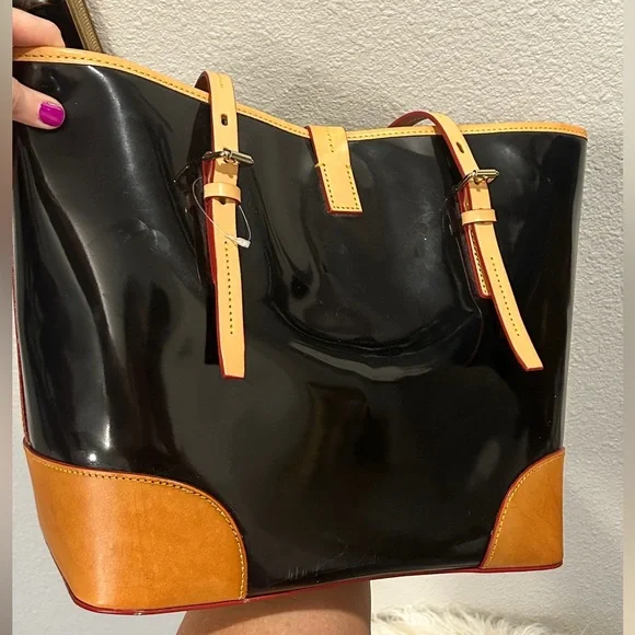 Dooney & Bourke Black Patent Tote with Tan Trim and Pink Interior w/ Reg. paper - Picture 10 of 13